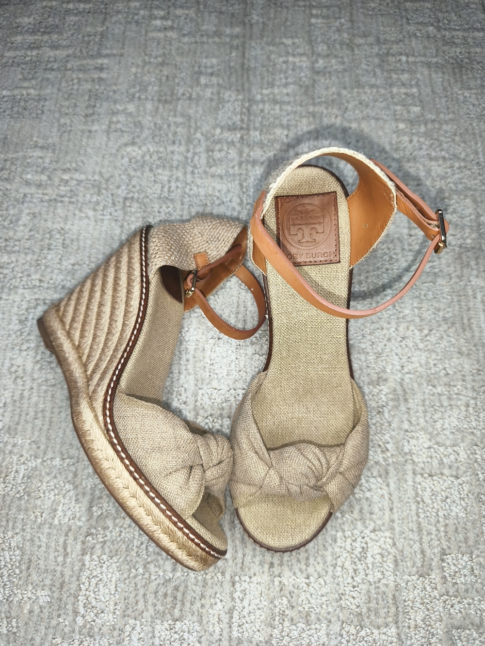 Tory Burch Macy Knotted Bow Wedge Espadrille Platform Sandals Tan Linen Spain 8